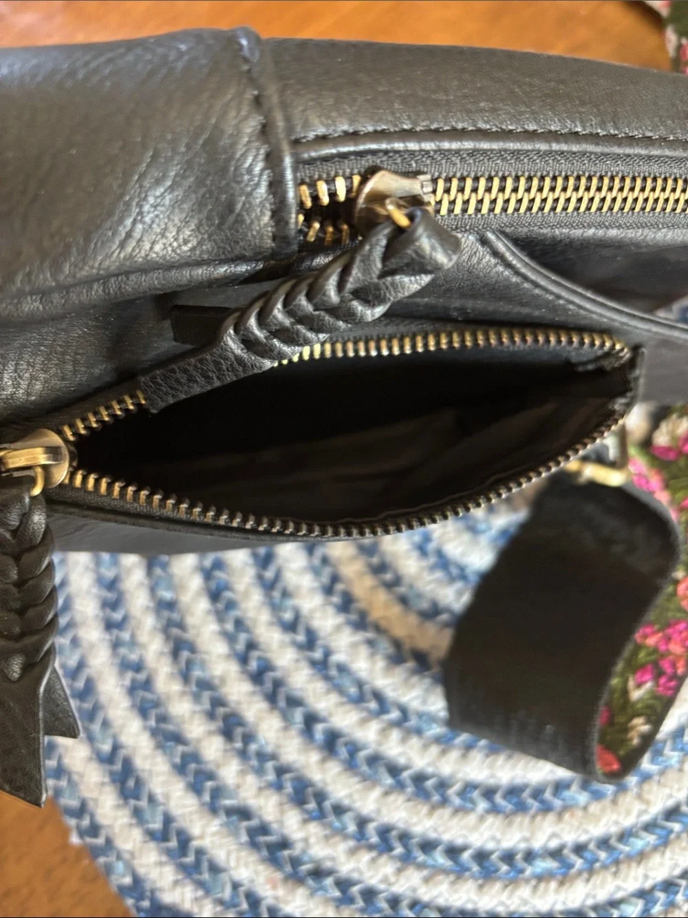 Antik Kraft Black Leather Crossbody with Pink Floral Embroidered Strap